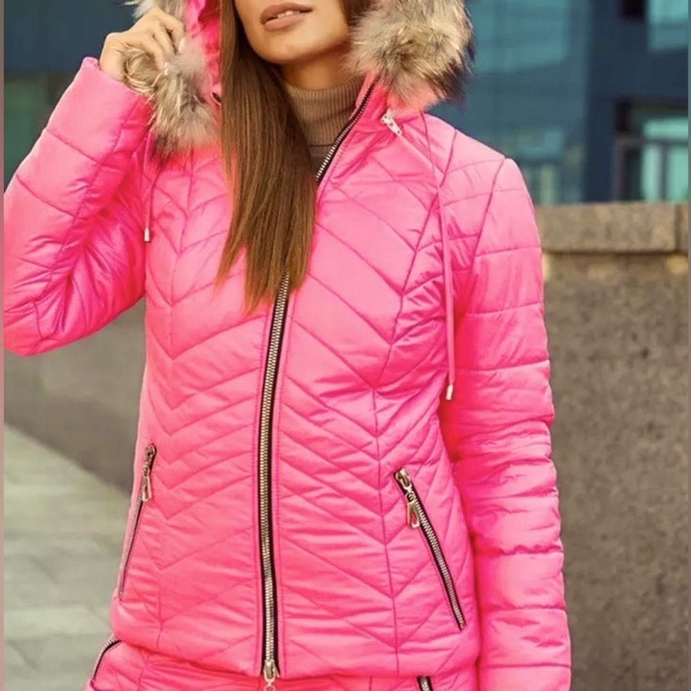 Chalet Puffer coordinate set snow ski jacket & high waisted pants pink red black - Picture 10 of 16